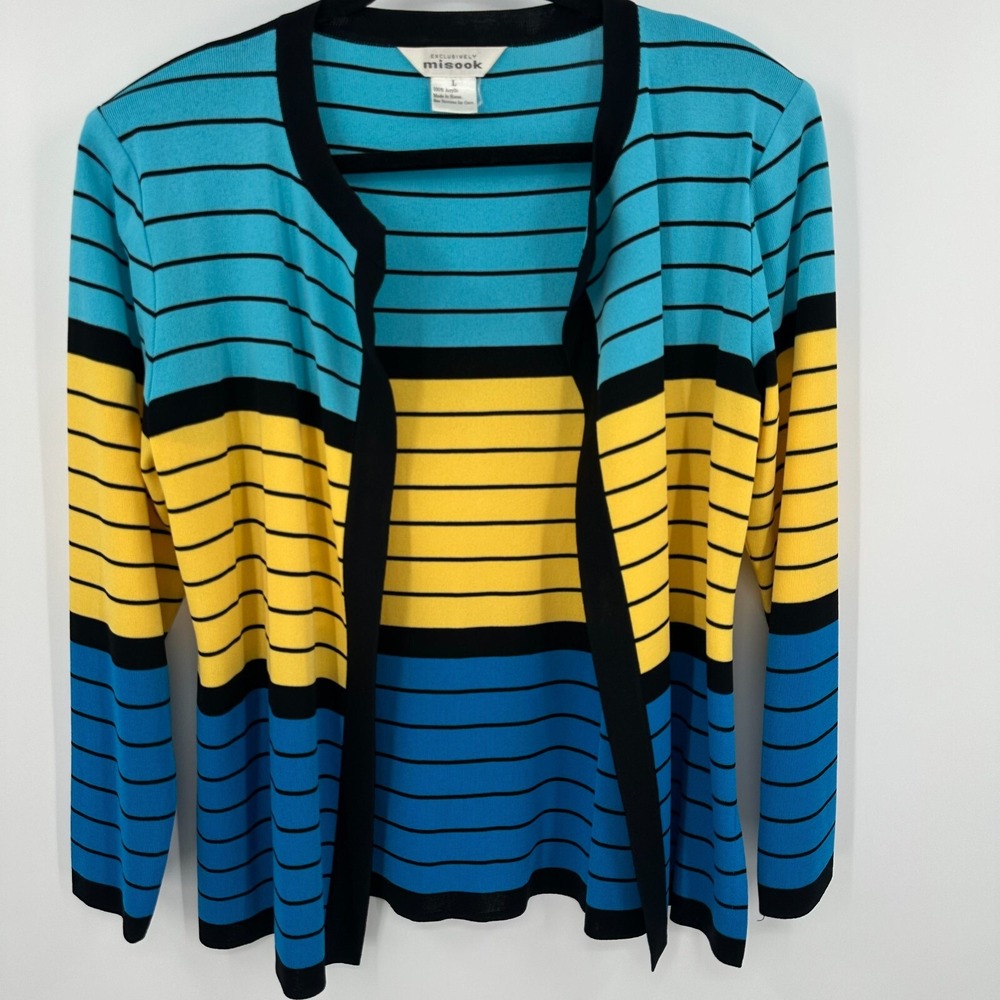Exclusively Misook Cardigan Sweater Womens Large Multi Striped Knit Open Front